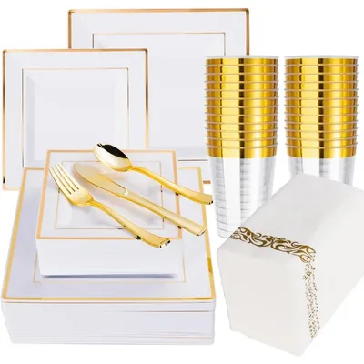 350Pack Gold Dinnerware Set-100 White Square Plastic Plates , 50 Gold Plastic forks, Spoons, Knives,