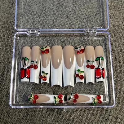 TEMU ! White French Edge Press-on Nails With Cherry Stickers And Cherry Ornaments, Extra Long Square Nails, Salon Handmade Nail Art, Removable Reusable Nail