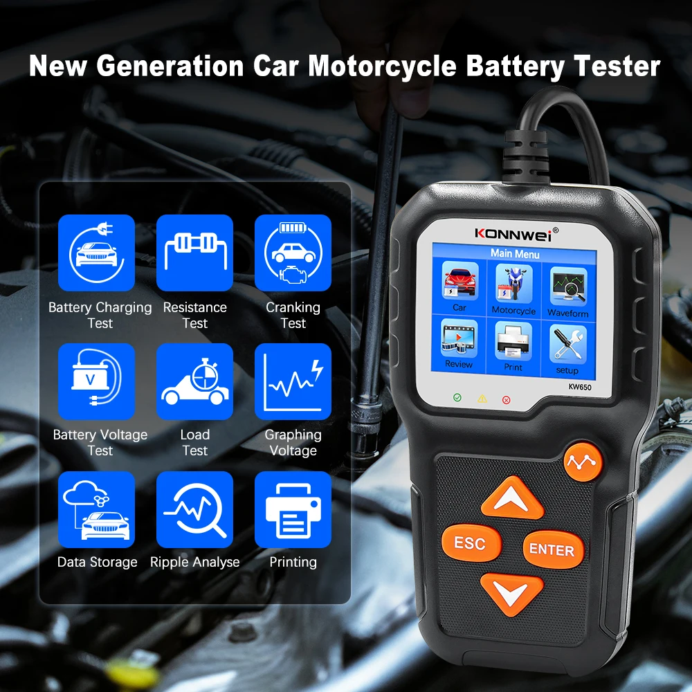 KONNWEI KW650 testeur de batterie de voiture 6V 12V Moto voiture analyseur automatique 100 à 2000 CCA voiture Moto démarrage outil de Test de charge
