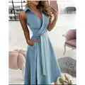 Femmes poche robe mi-longue décontracté femme Sping été col rabattu manches courtes tunique robes portefeuilles