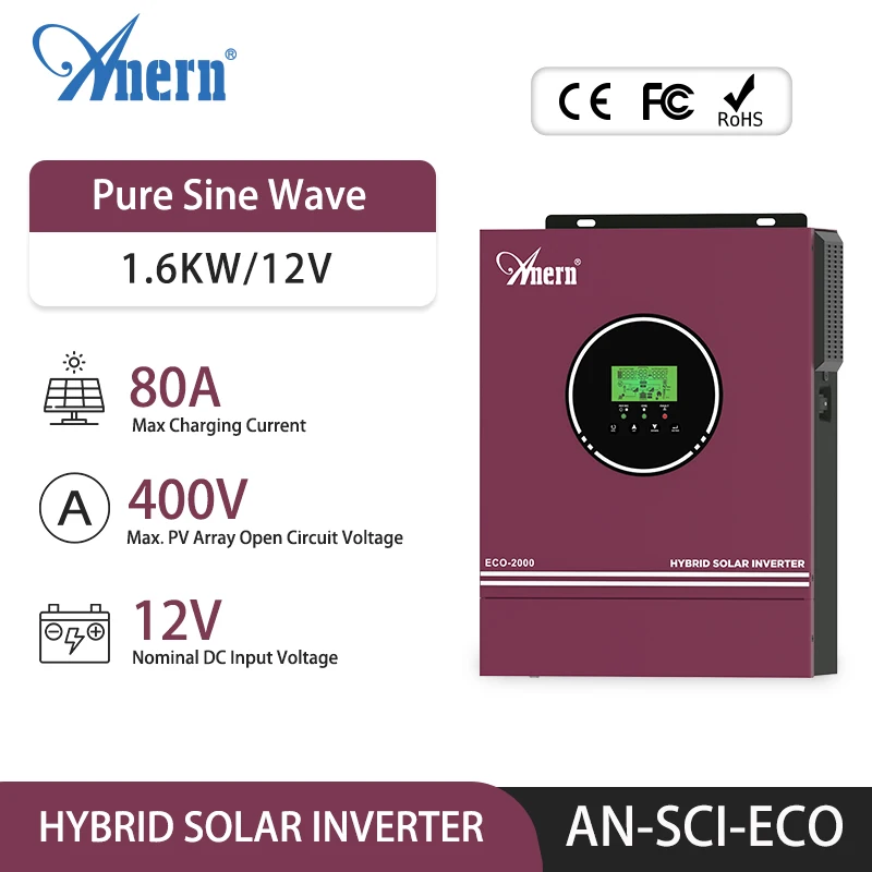 Anern 1.6KW 2KW 3KW 3.2KW onduleur solaire hybride 12V 24V onde sinusoïdale Pure hors réseau onduleur MPPT 80A 140A MAX PV 400Vdc 150Vdc
