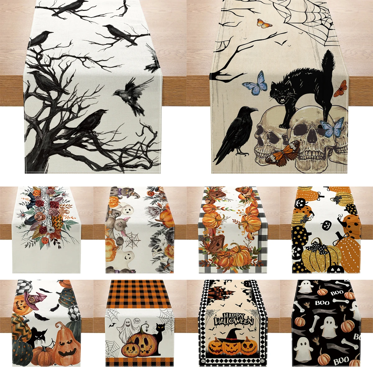 Halloween Party Leinen Tischläufer Happy Halloween Dekoration für Zuhause Kinder Süßes oder Saures Kürbis Fledermaus Horror Partyzubehör Image