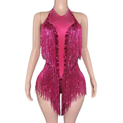 Sparkly Hot Pink Crystals Sequins Fringes Bodysuit for Women Sexy Backless Dance Costume Dancer Performance Show Stage Wear