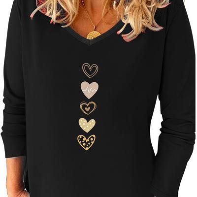 TEMU Heart Print T-shirt, Long Sleeve V Neck Casual Top For Spring & Fall, Women's Clothing