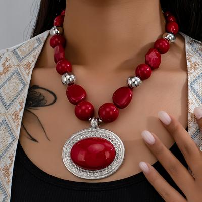 TEMU Vintage Boho-chic Red Bead Pendant Necklace - Alloy, Perfect For Everyday & Vacation Wear