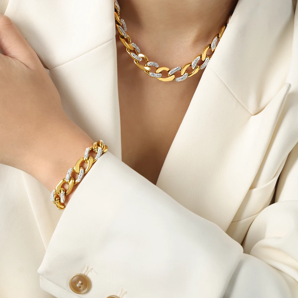 Neue 316L Edelstahl Hip Hop Straße Schwere Industrie Dicke Kette Halskette Armband Set Kein Verblassen Image