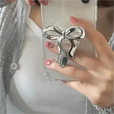 INS Korean Silvery Bowknot Griptok Clear Phone Finger Ring Holder Stand Support For iPhone Samsung Foldable Socket Girl Bracket