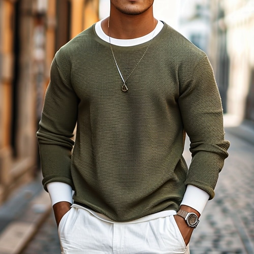 Homme Tee-shirt Gaufre Sweatshirt Pull T-shirt Chemise à Manches Longues manche longue Col ras du cou Printemps Automne Uni Mode Designer Basique Mode Faux deux pièces Vacances Rue Sortir Marron