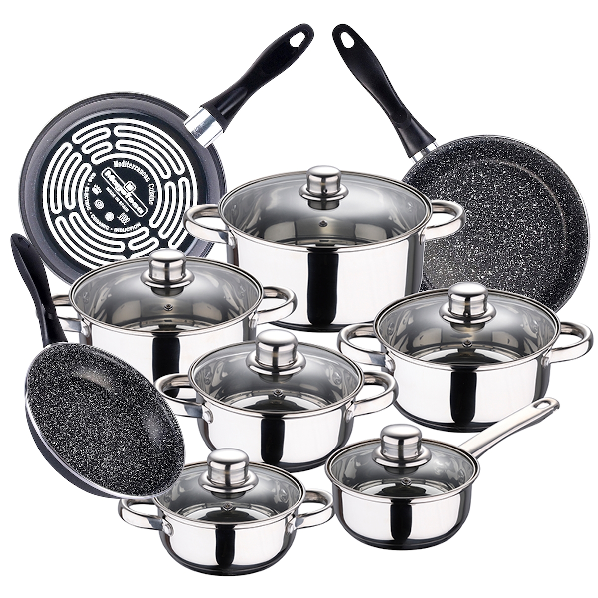 San Ignacio - Cassel 14/16/18/20/24 cm Edelstahl-Kochgeschirrset mit 18/20/24 cm K2 Gransasso emailliertem Stahlpfannenset Image