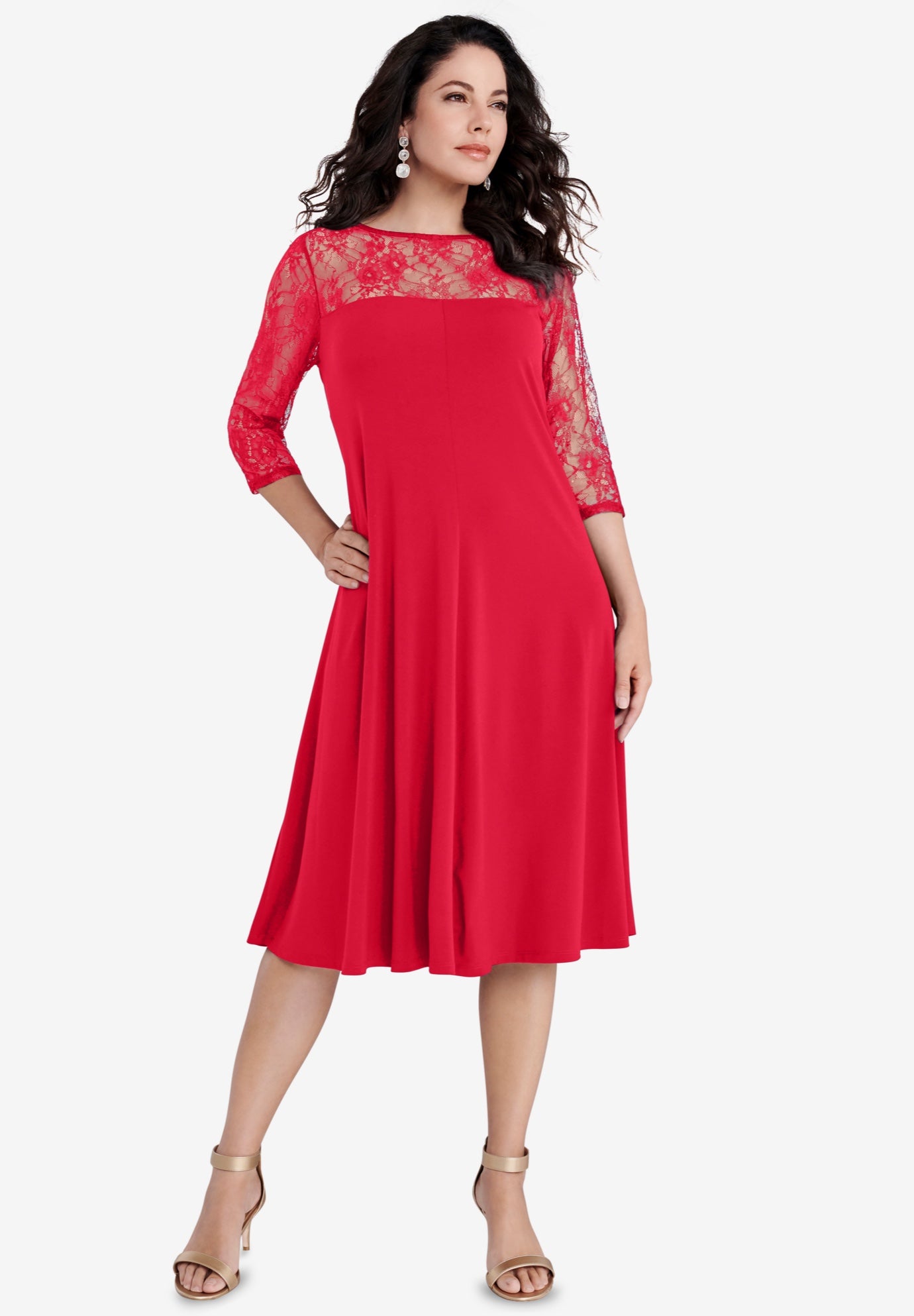 Plus Size Women's Plus Size 3/4 Sleeve Allover Lace Swing Dress by Roaman's in Vivid Red (Size 26/28)