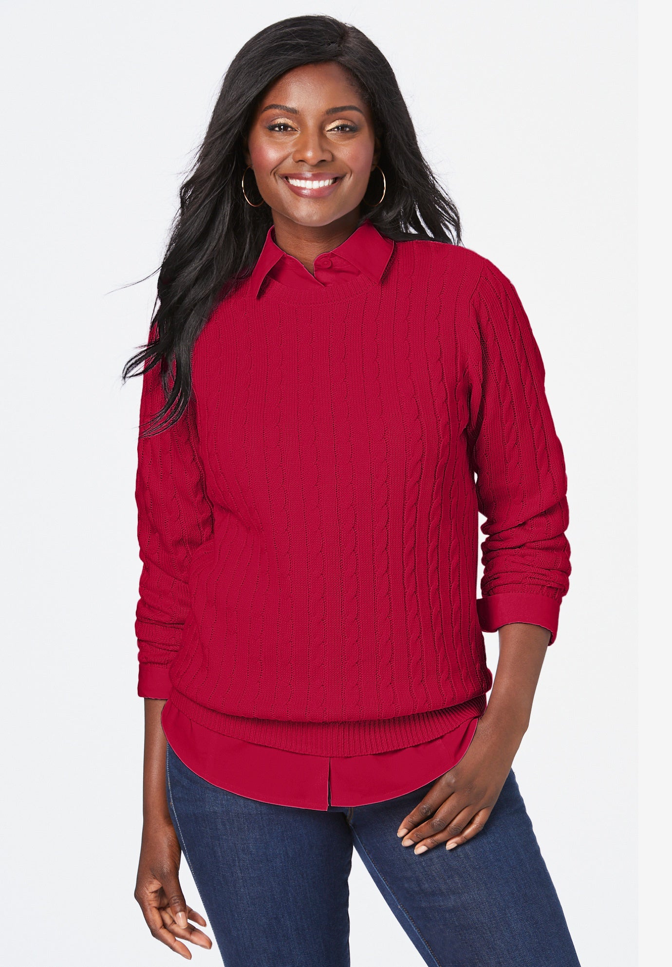 Plus Size Women's Cable Crewneck Sweater by Jessica London in Classic Red (Size 3X)