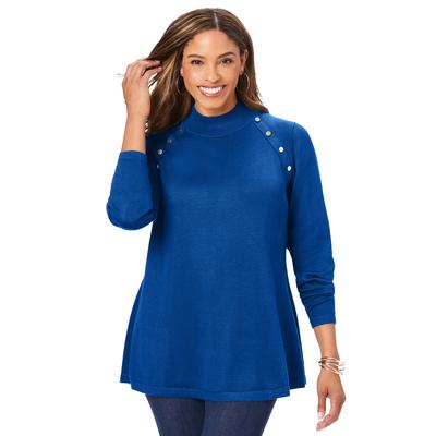 Plus Size Women's Gold Button Mockneck Sweater by Jessica London in Dark Sapphire (Size 1X)