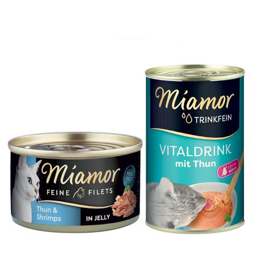 Miamor Mixpaket Katzenfutter: 12x 100g Feine Filets Thunfisch & Shrimps Nassfutter + Trinkfein...