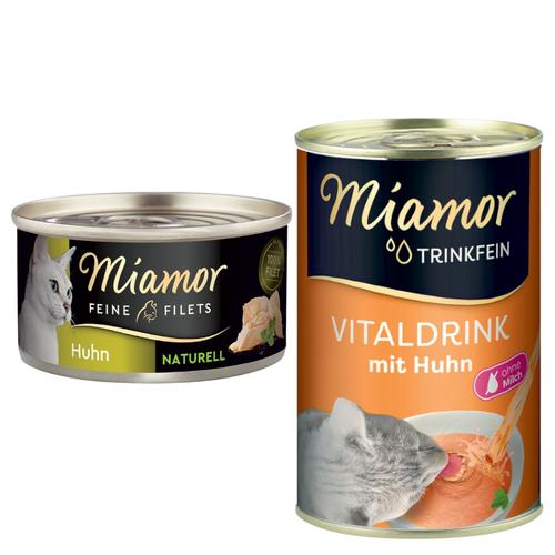 Miamor Mixpaket Katze: 12x 80g Feine Filets Naturelle Huhn Pur Nassfutter + Trinkfein Vitaldrink...