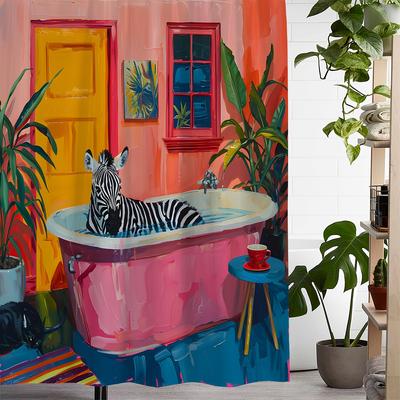 TEMU A Vintage Bathtub Curtain Featuring A Zebra, Black Cat, And Green Plant Print, Including 12 Hooks For Window Use. Image