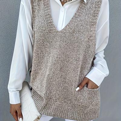 TEMU Solid V Neck Sweater Vest, Casual Sleeveless Pockets Knit Vest For Spring & Fall, Women's Clothing