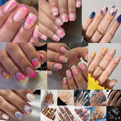 TEMU 268pcs - 7 Pack French Tip Press-on Nails (168pcs ) + 100pcs Rings Set Short Square Full Coverage & - Women & Girls Spring/ Summerstyle -a Fashion-