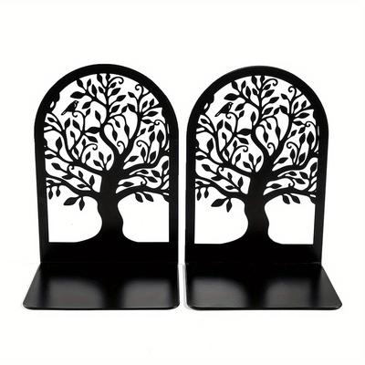 TEMU 1 Pair Metal Bookends, Heavy Duty Bookend For Shelves, Tree Of End To Hold Books, Bookend Stopper, Book Supports, Black For Office Home Kitchen, Modern Decorative