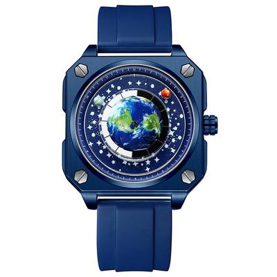 BINBOND 2024 New Model Man Watch Cool Creative Big Dial Moon Earth Wristwatch Blue Silicone Watchband Fashion Luxury Male Clock