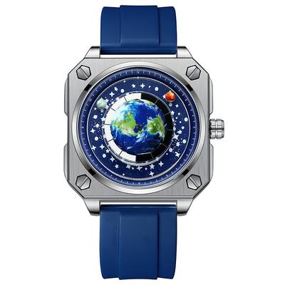 BINBOND 2024 New Model Man Watch Cool Creative Big Dial Moon Earth Wristwatch Blue Silicone Watchband Fashion Luxury Male Clock