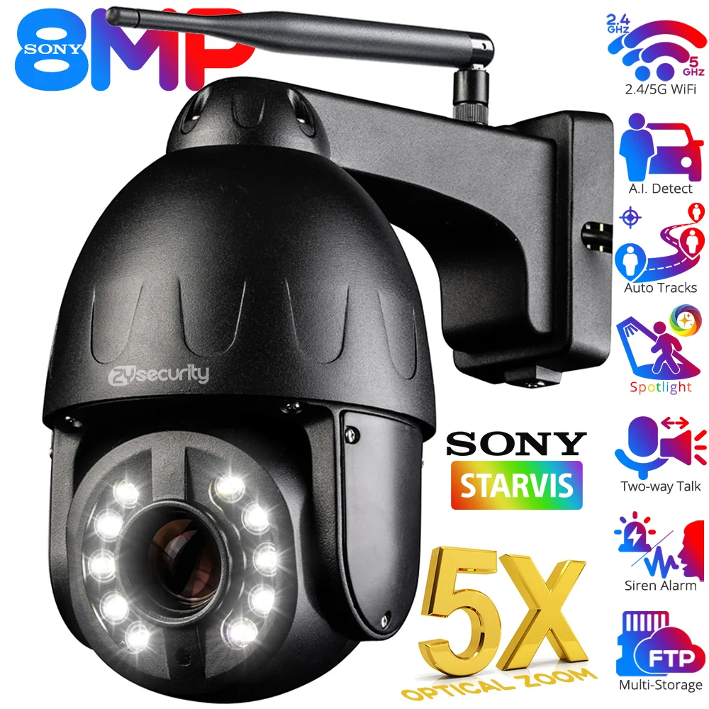4K 8mp WiFi PTZ IP Kamera 5x optischer Zoom Überwachungskamera Autoverfolgung Onvif H.265 Farbe Nigh Vision Zwei-Wege-Audio SD -Kartensteckplatz CCTV -Überwachungskamera Camhi App