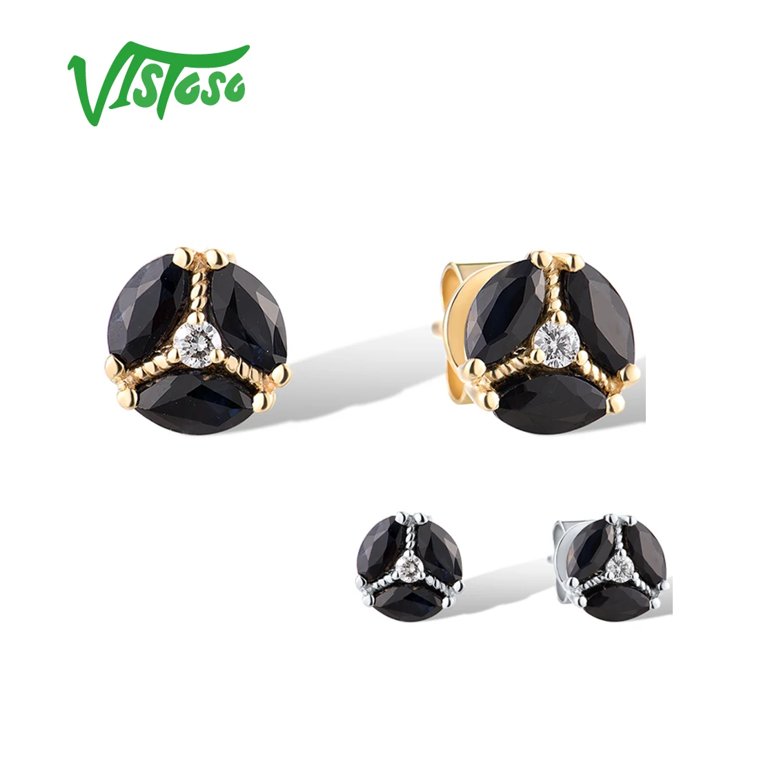 VISTOSO Ohrringe aus reinem 14K 585er Gelb-/Weißgold für Damen, funkelnder Diamant, blauer Saphir, klassische Hochzeit, eleganter edler Schmuck