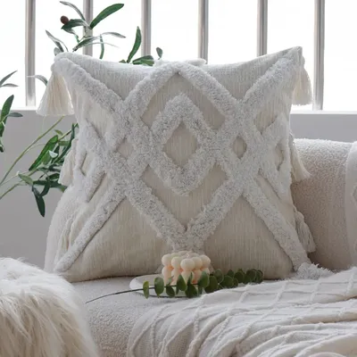 Weißer getufteter Kissen bezug mit Quaste Mori-Stil Wohnkultur dekorative Kissen bezug Sofa Funda Image