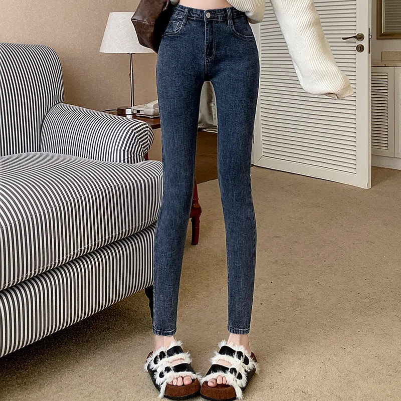 Frauen Hohe Taille Koreanische Vintage Gerade Bein Jeans Dame Slim Fit Casual Denim Bleistift Hosen Weibliche Blau Übergroßen Dünne Hosen