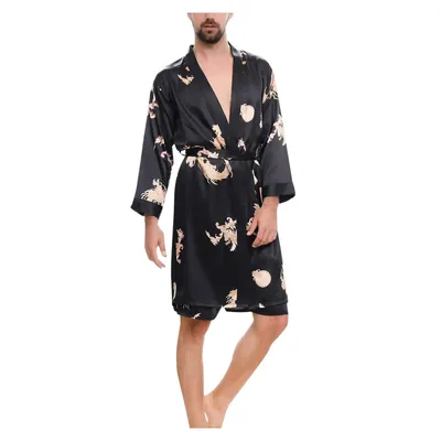 Schwarze Robe Männliche Seide Drachen Morgenmantel Extra Große Größe Robe Mit Drachen Herren Satin Image