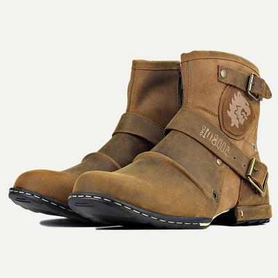 Men's Brown Leather Motorcycle Boots with Buckle Straps and Reinforced Toe - Rugged Biker Boots for Riding and Outdoor Adventures