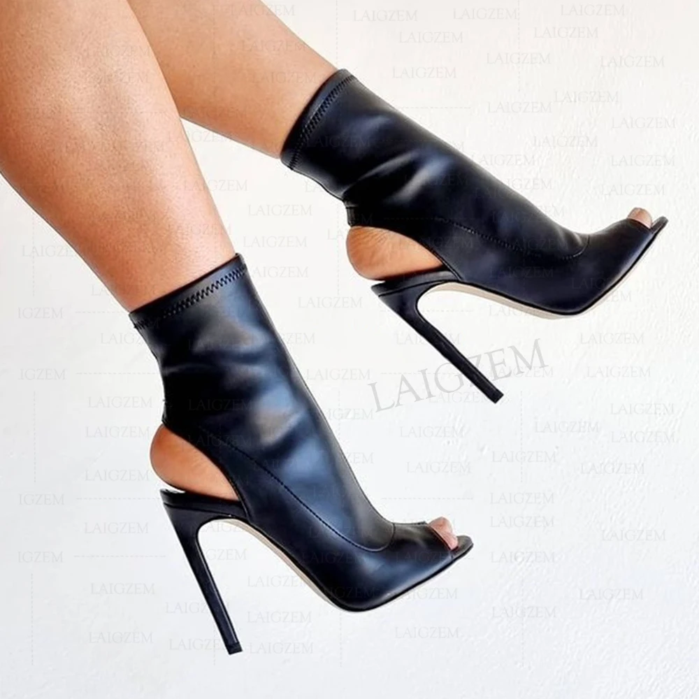 DOHBANER Frauen Stiefeletten Peep Toe Pull Auf Elastische Dünne High Heels Kurze Stiefel Damen Schuhe Frau Schuhe Große Größe 39 41 44 47 52