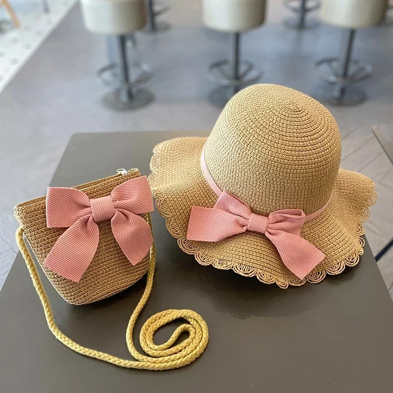 Kinder hut für Mädchen 2-7y Stroh Kinder Sonnenschutz Mütze Tasche Sommer Baby Reise Sonnencreme Strand hut Sonne Fischer Mütze Modestil Image