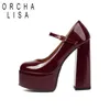 ORCHA LISA 2024 Neue Mary Janes Damen Pumps Schuhe Runde Kappe 14 cm Dicker Blockabsatz 5 cm Plattform Lackleder Schnalle Große Größe 41