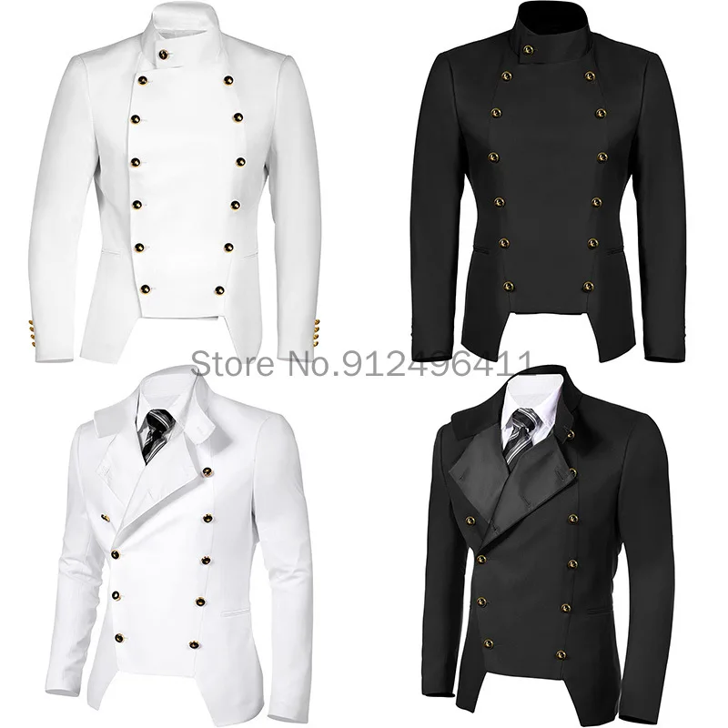 2025 Männer Cosplay Kostüme Schwarz Weiß Mittelalter Steampunk Punk Anzug Trendy Bühne Kostüm Leistung Zeigen Jacke Uniformen S-2XL