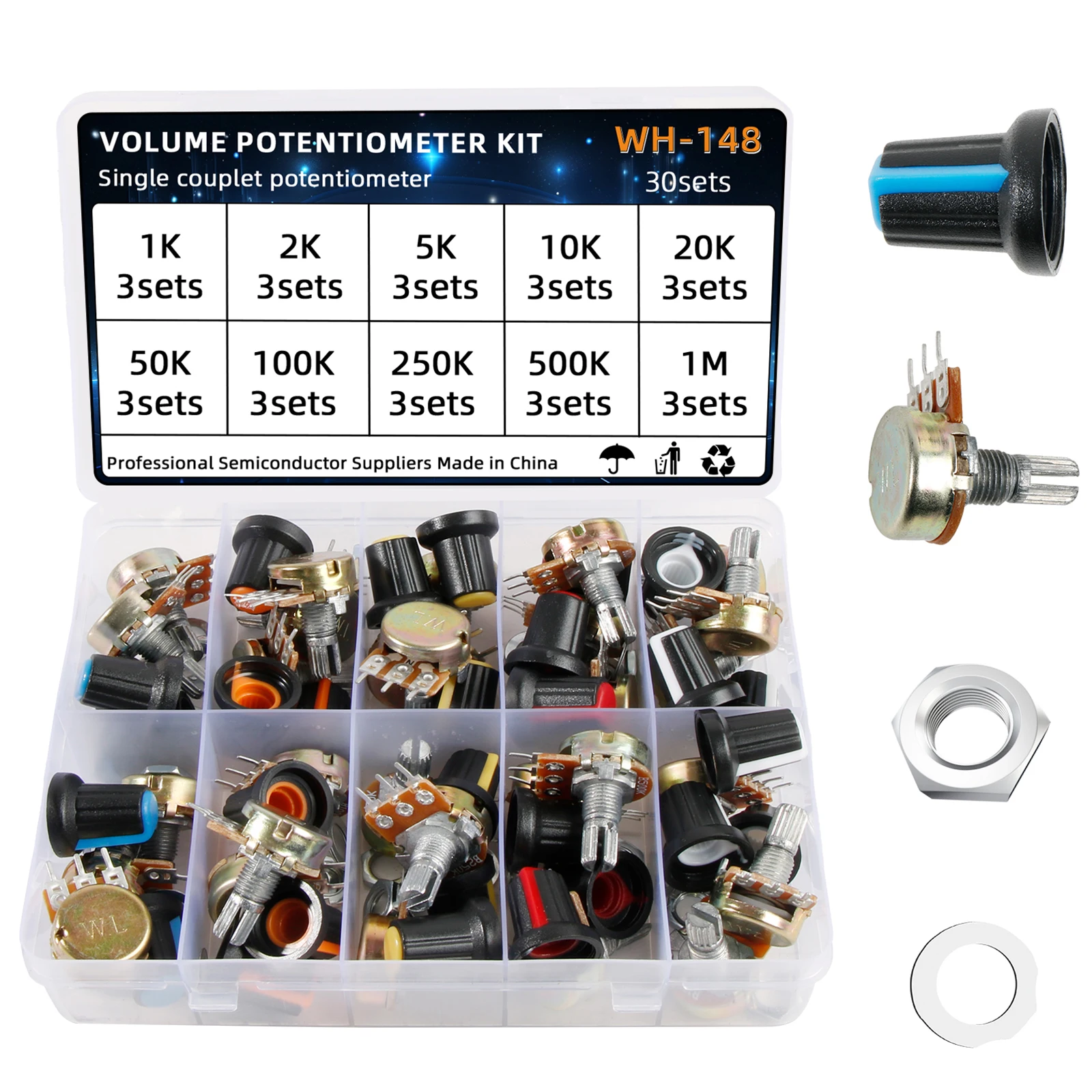 30 Sets WH148 Potentiometer-Sortiment-Set, variable Widerstände mit Muttern und Unterlegscheiben, 1 K, 10 K, 50 K, 500 K, 1 M Image