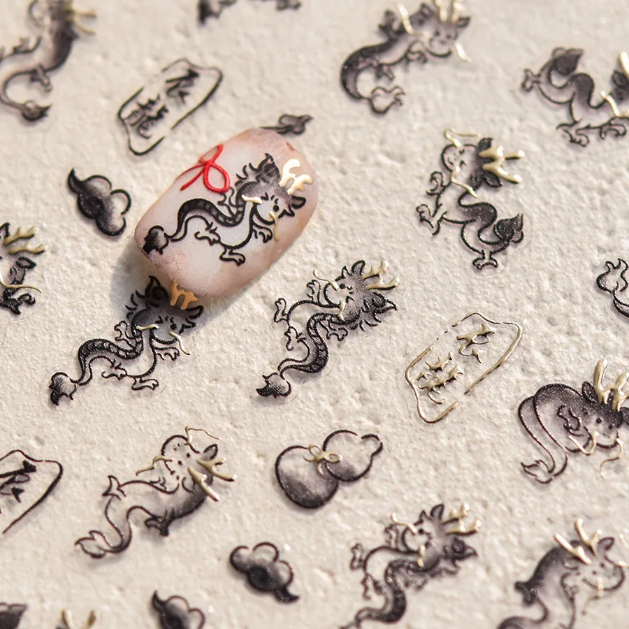1 stücke 5d japanische kawaii schwarze Drachen Nail Art Aufkleber Luxus Bronzing Retro Drachen Nagel Dekorationen Abziehbilder Maniküre Zubehör Image