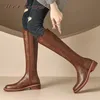 Meotina Frauen Echtes Leder Knie Hohe Reitstiefel Runde Kappe Flache Zipper Damen Fashion Lange Stiefel Herbst Winter Schuhe Braun 40