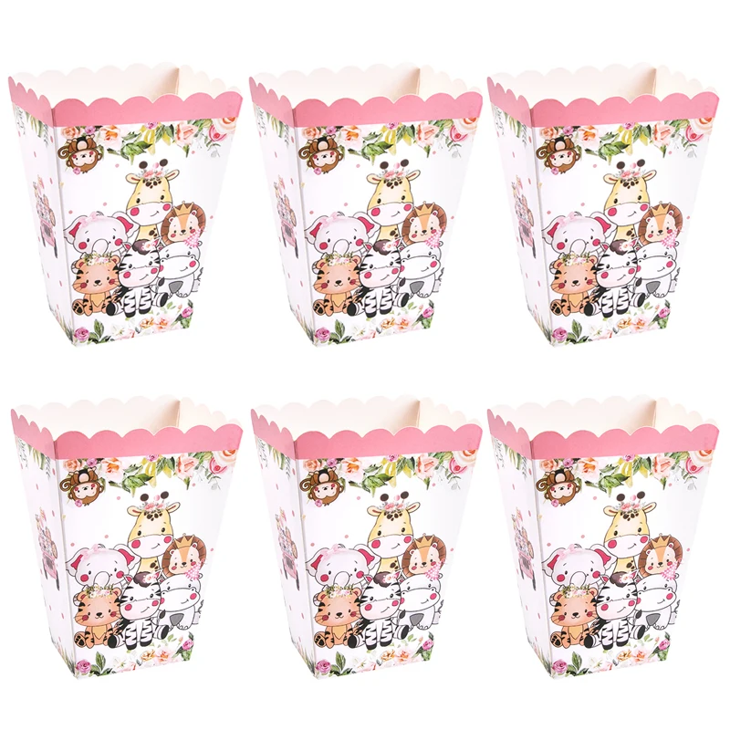 6/12 stücke Dschungel Tier Popcorn Boxen Rosa Dschungel Thema Papier Leckerli Boxen Kinder Kinder Mädchen Geburtstag Party Dekorationen Baby dusche Image