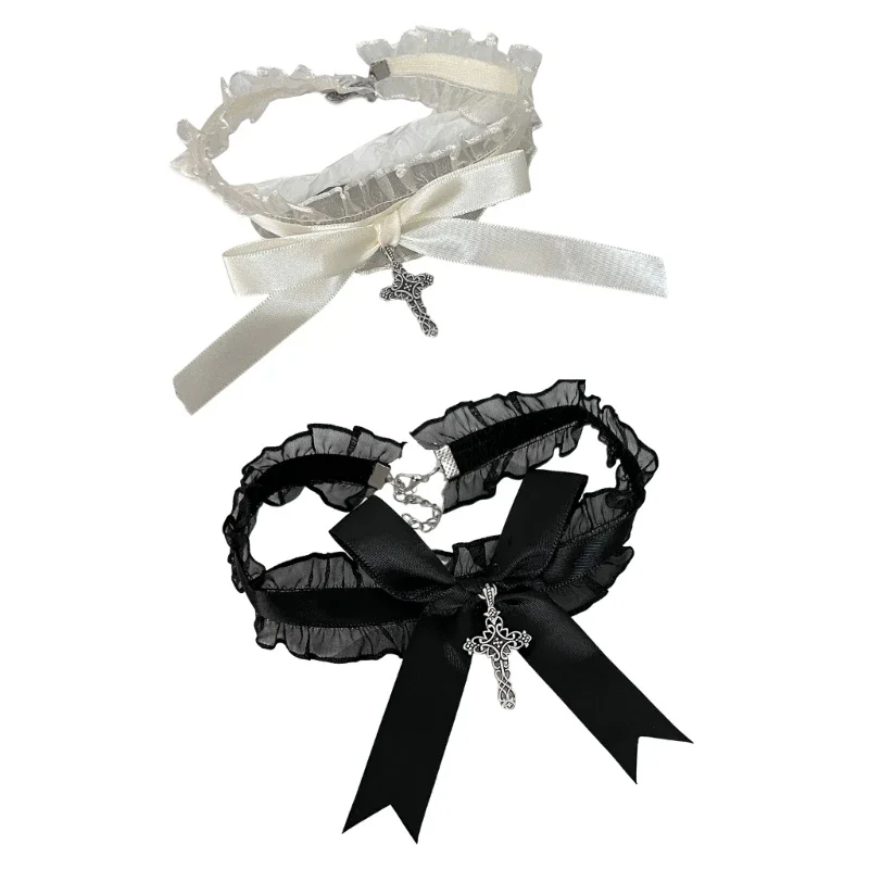 Frauen Spitze Rüschen Halsband Halskette Bowknot Kreuze Anhänger Kragen Krawatte Image