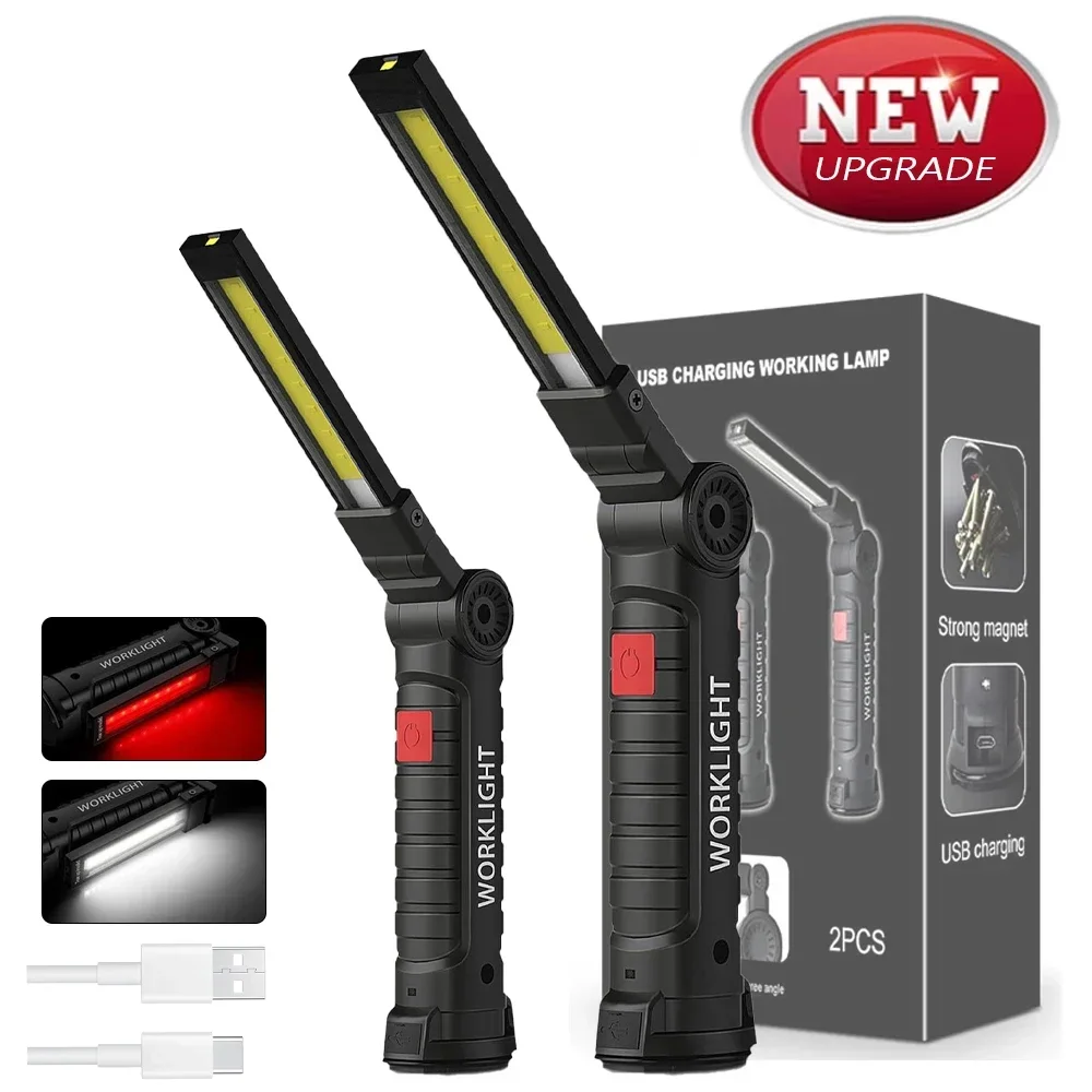 LED-Taschenlampe, wiederaufladbar, Arbeitsleuchte, Aufhängehaken, magnetisch, mit eingebauter Batterie, USB, tragbares Blitzlicht, Camping-Reparatur-Taschenlampe Image