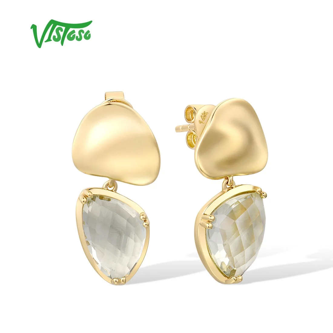 VISTOSO Gold Ohrringe Für Frauen Reine 14K 585 Gelb Gold Funkelnden Grün Amethyst Einzigartige Elegante Ohrringe Trendy Edlen Schmuck