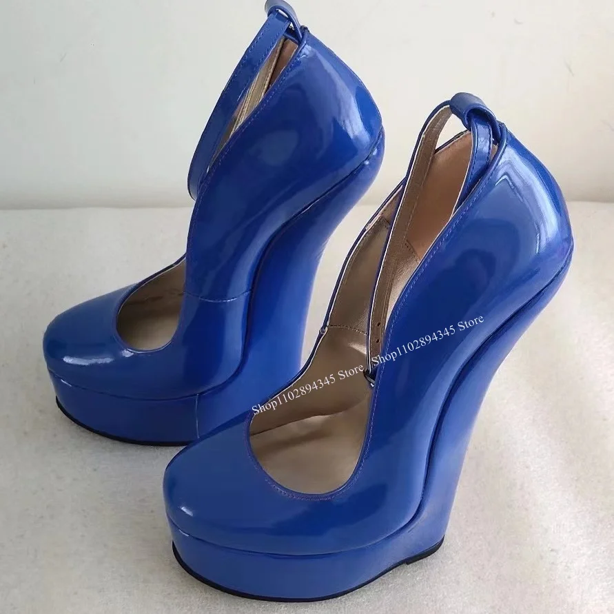 Blaue Keil Plattform Schnalle Pumps flaches Leder runde Zehen modische sexy Roman westlichen Sommer Frau Schuhe Zapatillas Mujer