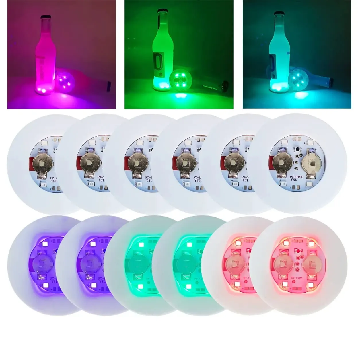 5-teiliges Set LED-Leuchtuntersetzer, leuchtende Glas-Trinkflasche, Tassenmatte für Partys, Hochzeiten, Bar, Weihnachten, Zuhause, Pub Image
