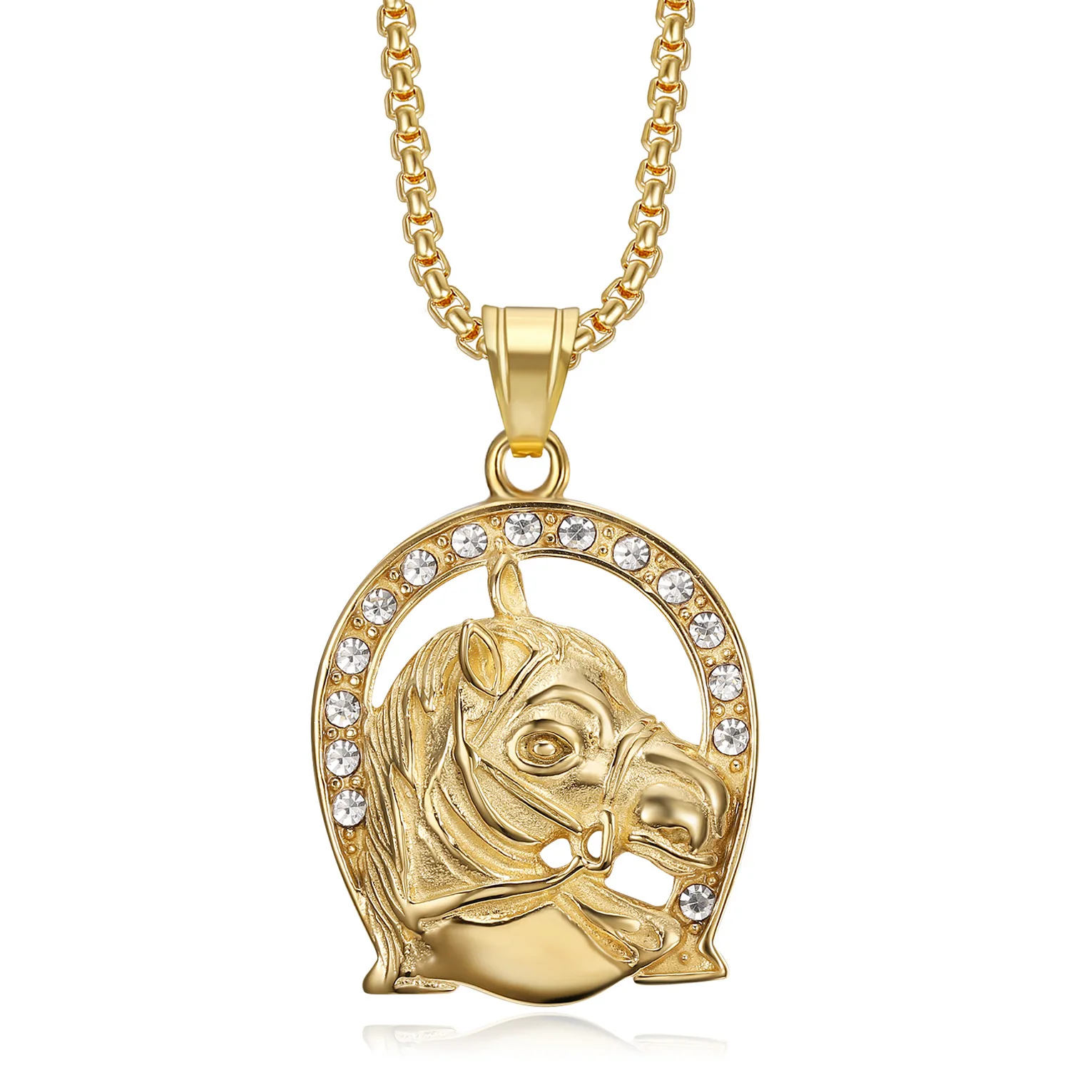 Punk Horse Head Anhänger männlich Gold Farbe Edelstahl Hufeisen Halskette für Männer Hip Hop gefroren bling Schmuck Geschenk