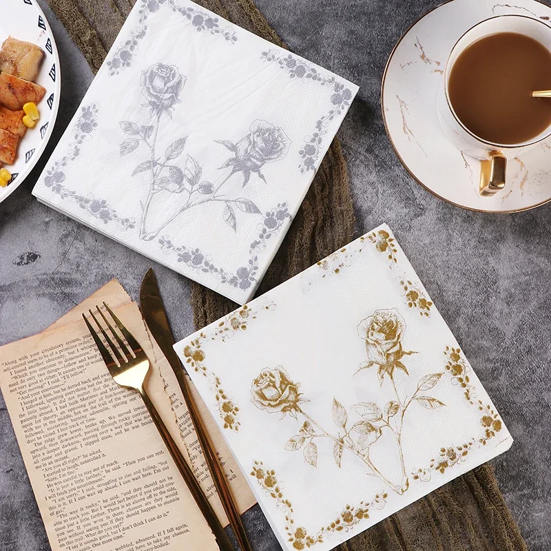 20 stücke/pac 33*33cm neue einfache Hochzeits servietten bunte Gold-und Silber rosen bedruckte Papiers ervietten reines Holz zellstoff Party papier Image