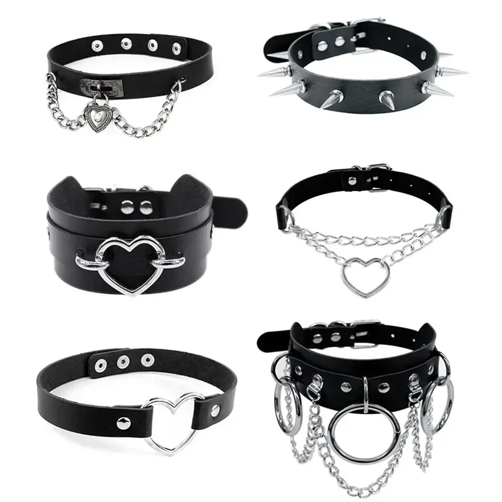 1PC Punk Rock Gothic PU Leder Halskette Herz Runde Spike Niet Kragen Verzierte Halsband Kette Halskette Handgemachten Schmuck Image