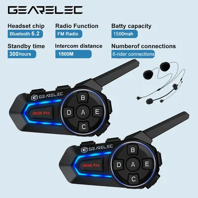 Gearelec dk06 pro motorrad bluetooth headset 2 fahrer 1500m intercom bluetooth 5,2 helm Image