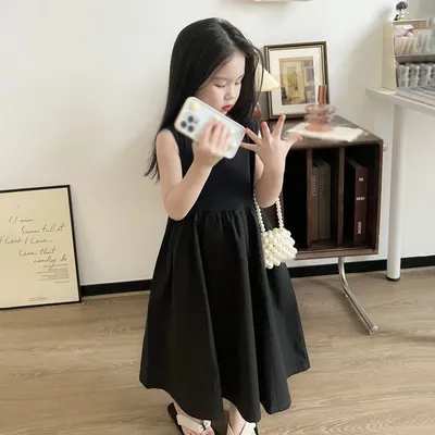 Koreanische Version Sommer süße Kinder Prinzessin Kleid Jahre Mädchen solide Patchwork gekräuselt Image