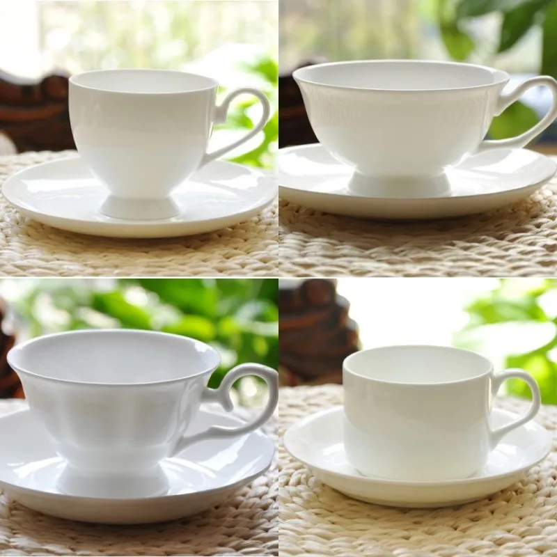 Bone China schlichte weiße Tasse und Untertasse, Porzellan-Teetasse mit Löffel, Dessert-Kaffeetassen für den Nachmittag, Keramik-Cappuccino-Tasse Image