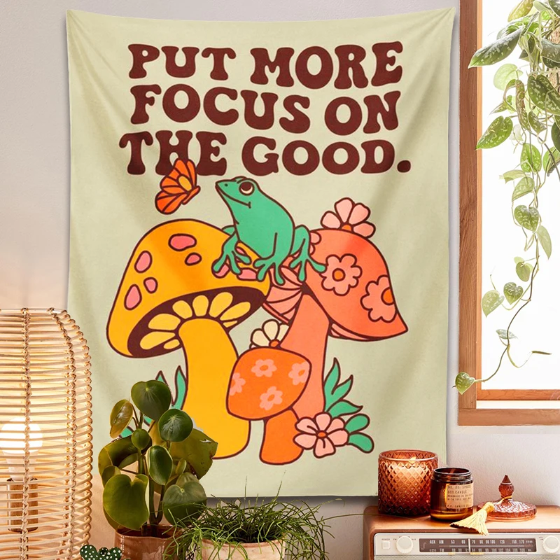 1 Stück Pilz-Frosch-Wandteppich, Wandbehang, Retro, sorgt für mehr Fokus auf der guten Trippy-Ästhetischen Raumdekoration, Vintage-Boho-Wandkunst Image